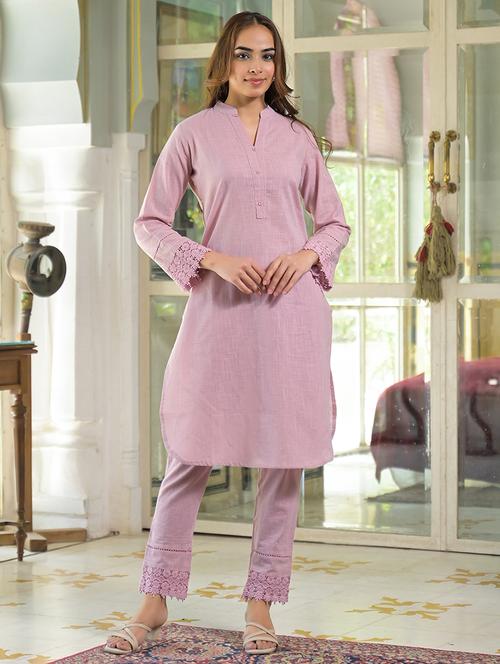 women three quarter sleeve kurta pant set - 21931186 - Standard Image - 0