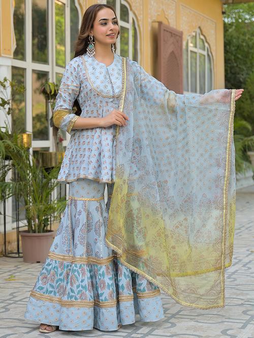 women three quarter sleeve kurta sharara with dupatta set - 21931194 - Standard Image - 0