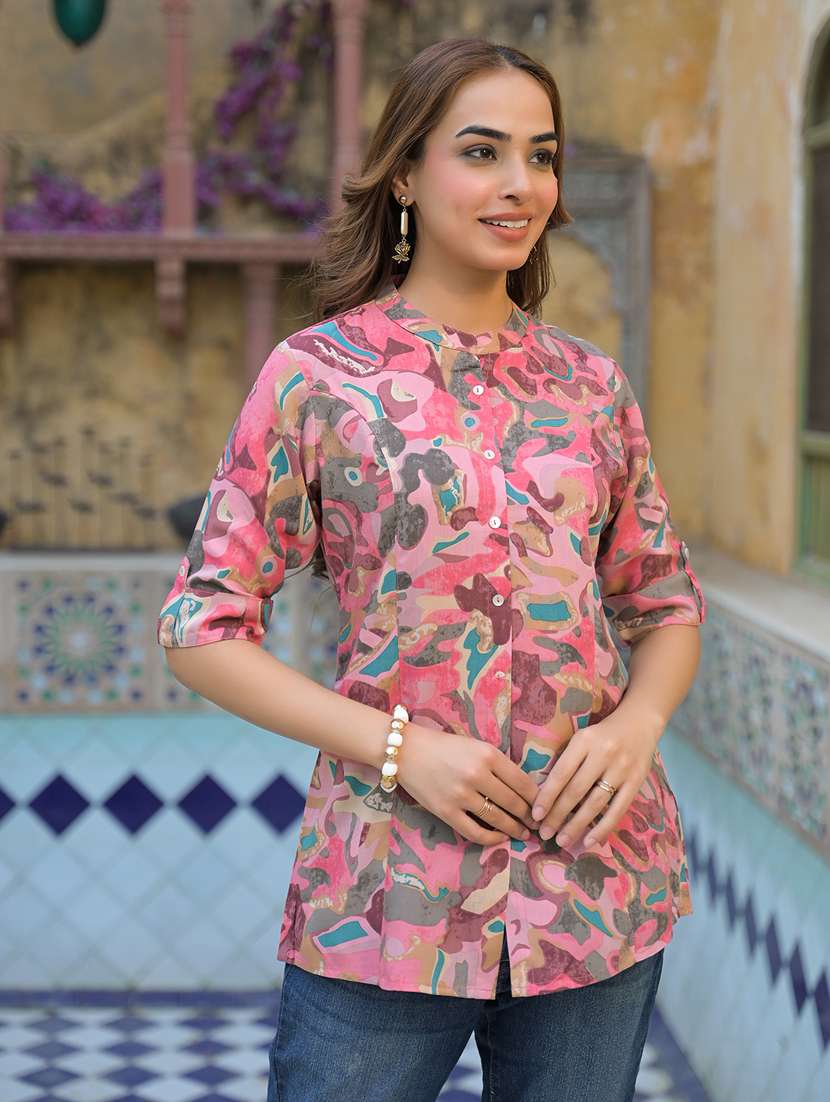 women pink printed mandarin neck a-line tunic - 21931203 -  Zoom Image - 0