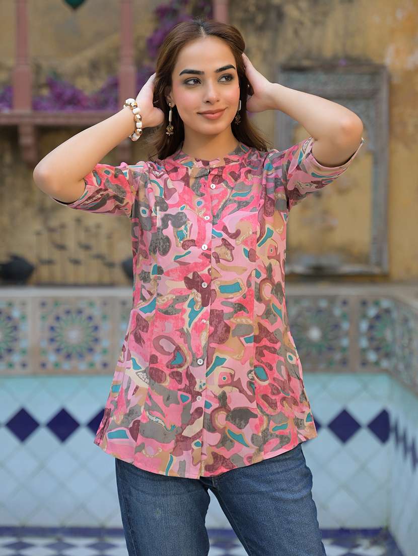 women pink printed mandarin neck a-line tunic - 21931203 - Standard Image - 2