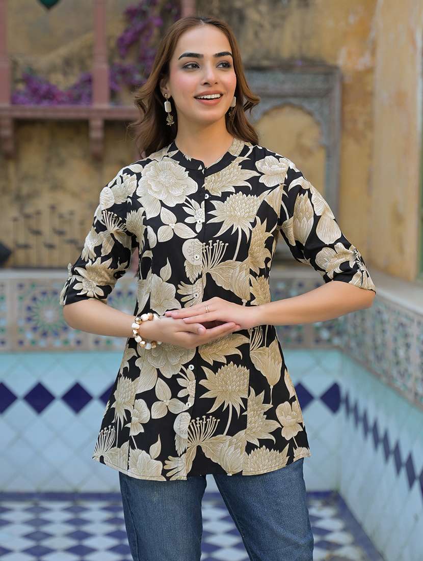 women floral print mandarin neck a-line tunic