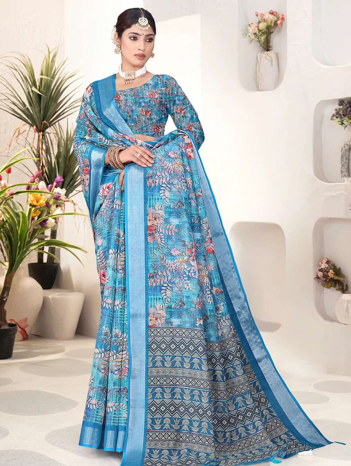 women blue printed saree with blouse - 21931205 -  Standard Image - 2