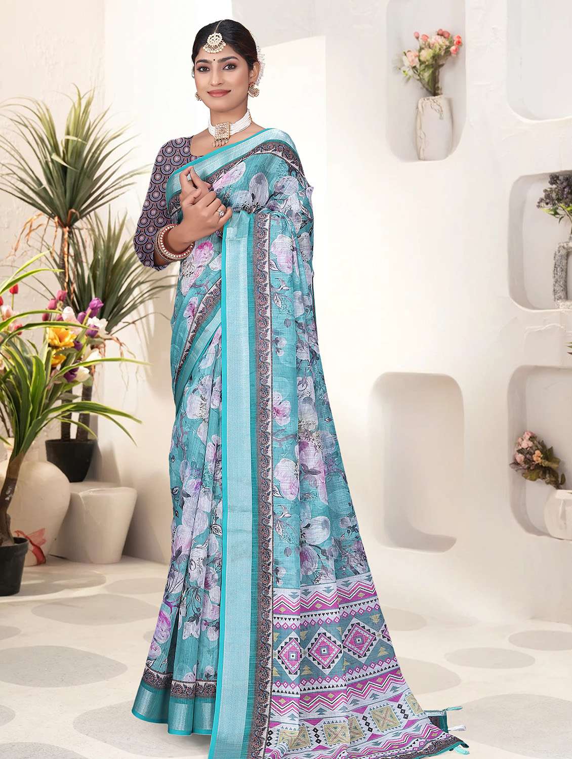 blue art silk printed saree with blouse - 21931207 - Standard Image - 2