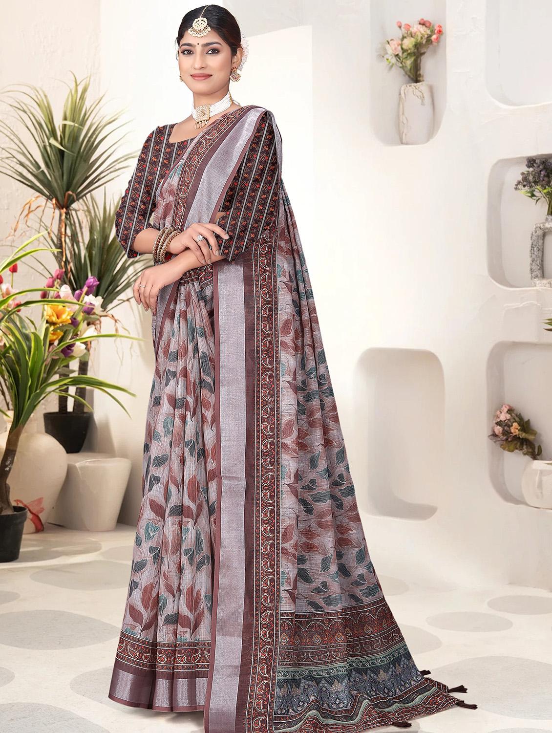 brown linen printed saree with blouse - 21931211 - Standard Image - 2