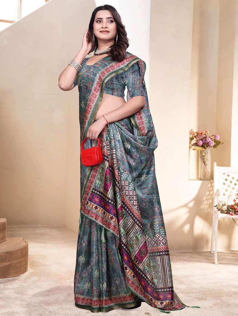 women blue printed saree with blouse - 21931229 -  Zoom Image - 0