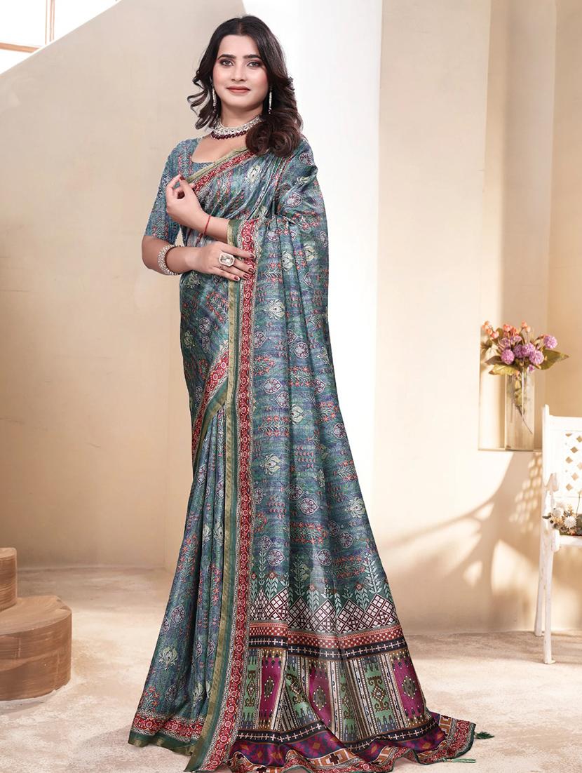 women blue printed saree with blouse - 21931229 - Standard Image - 2
