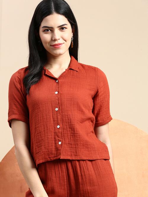 women solid cuban collared crop shirt - 21931248 -  Standard Image - 0