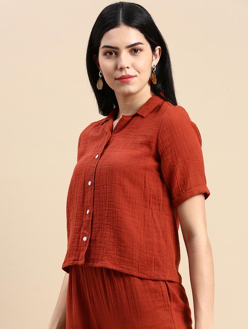 women solid cuban collared crop shirt - 21931248 - Standard Image - 2