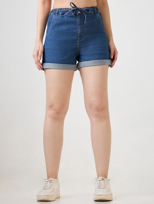 women solid high rise denim short - 21931258 - Standard Image - 0
