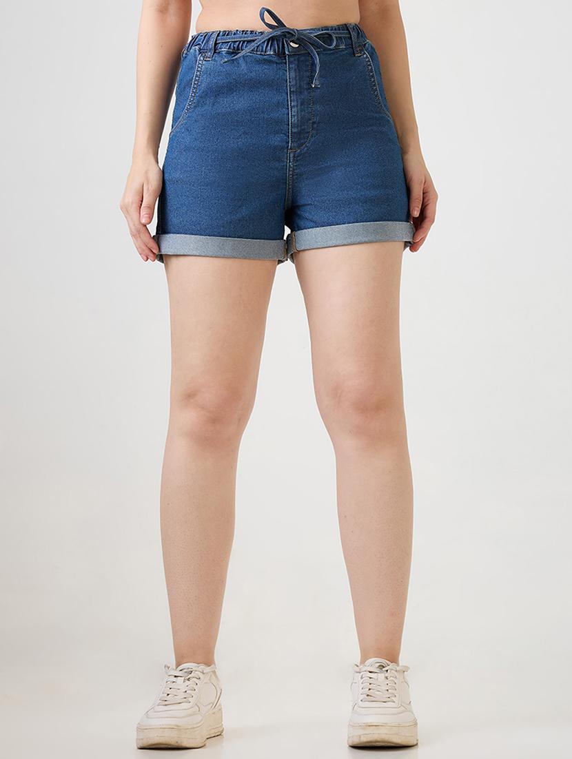 women solid high rise denim short - 21931258 - Zoom Image - 0