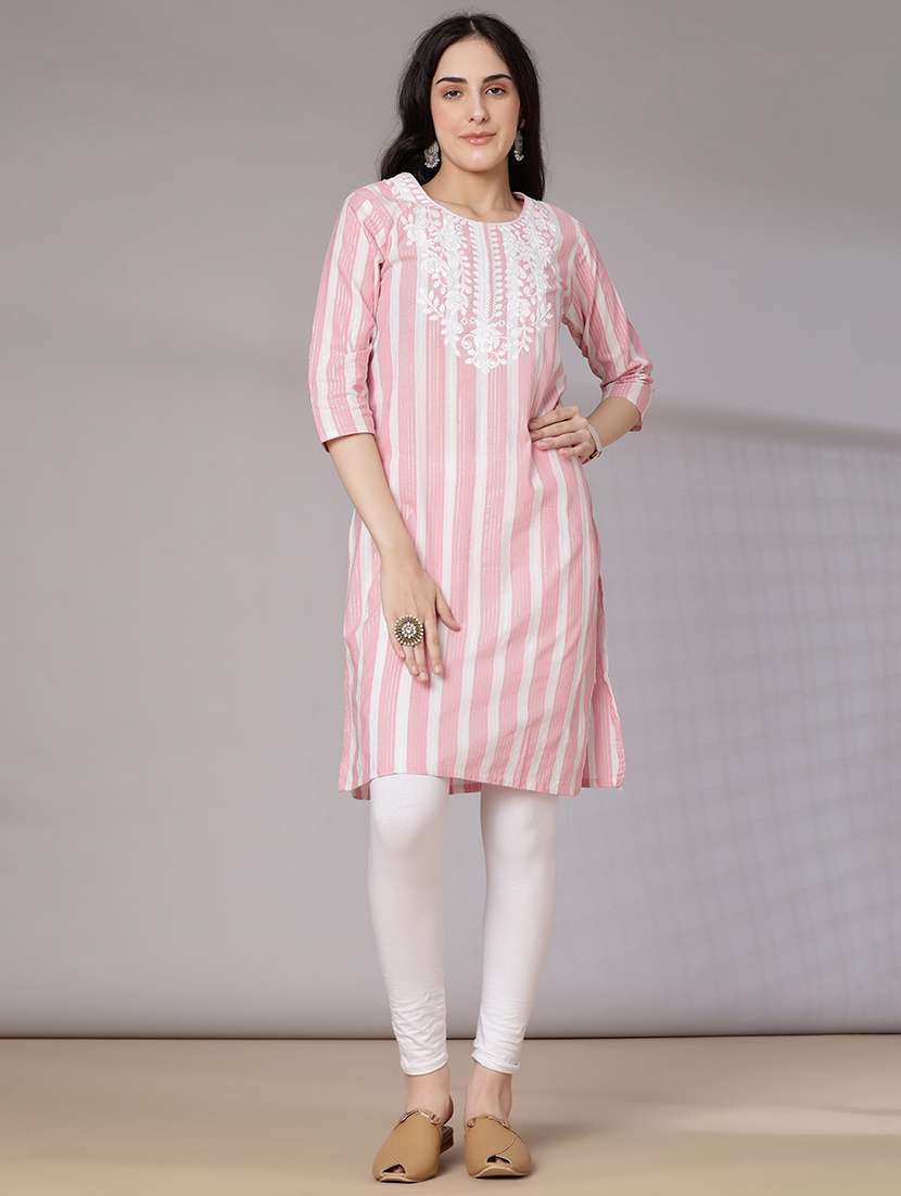 women striped three quarter sleeve straight kurta