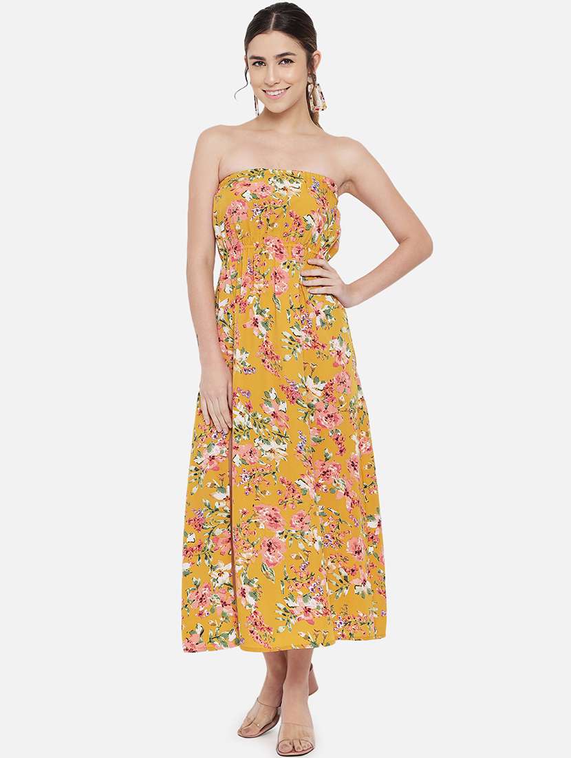women yellow floral print a-line tube dress