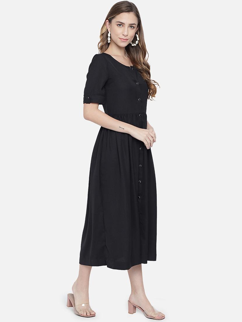 women black solid short sleeve a-line dress - 21931434 - Standard Image - 2