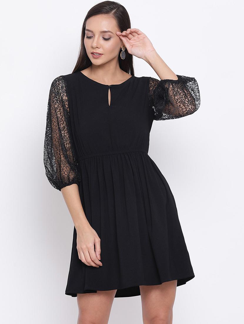 women solid puff sleeve laec fit & flared dress - 21931437 - Zoom Image - 0