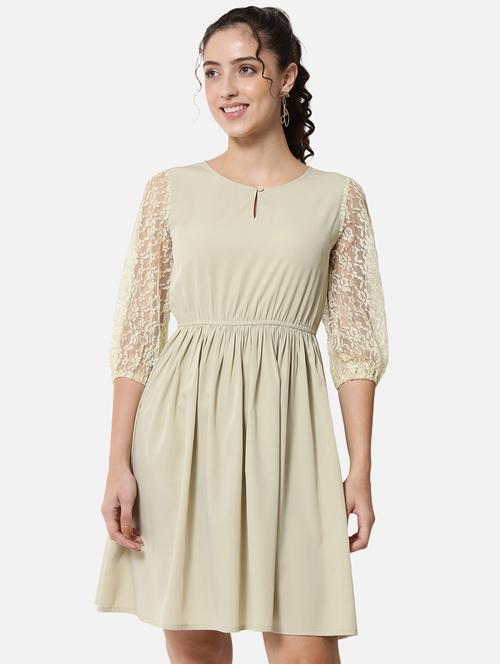 women solid puff sleeve lace fit and flared dress - 21931438 -  Standard Image - 0