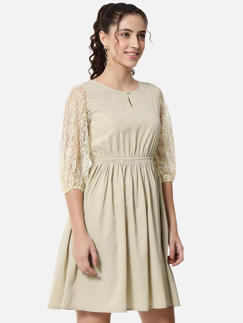 women solid puff sleeve lace fit and flared dress - 21931438 - Standard Image - 2