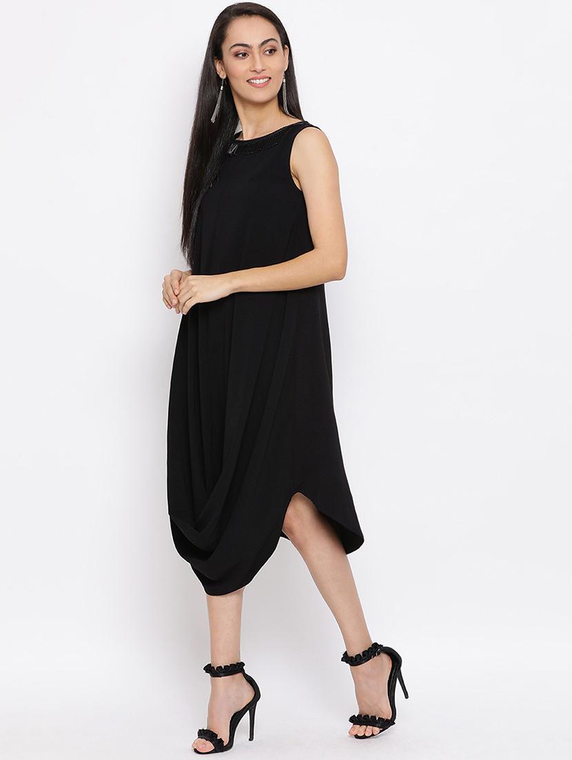 women black solid sleeveless a-line dress - 21931439 - Standard Image - 2