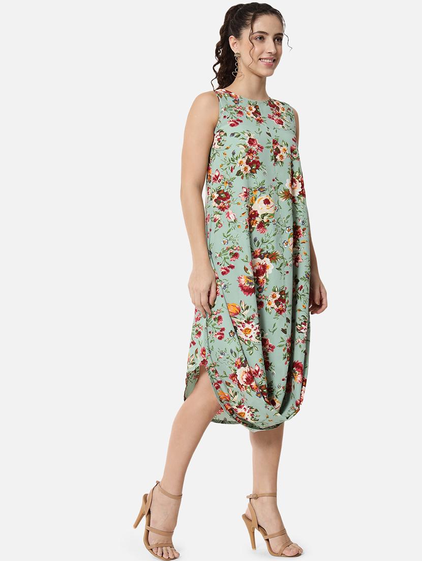 women floral print sleeve a-line cowl dress - 21931440 - Standard Image - 2