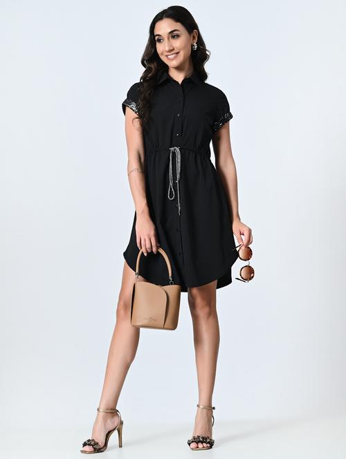 women black solid short sleeve a-line dress - 21931441 - Standard Image - 0