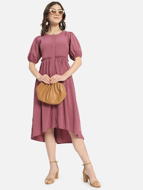 women solid puff sleeve high low dress - 21931443 -  Standard Image - 0