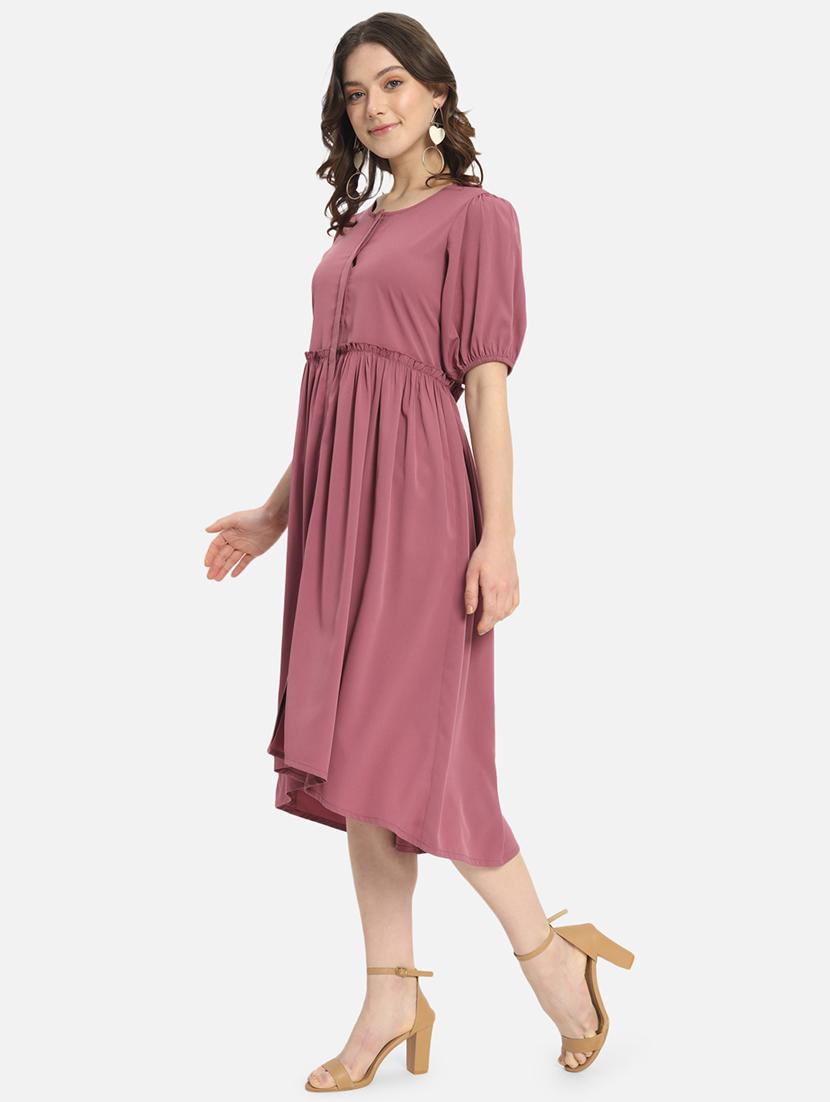 women solid puff sleeve high low dress - 21931443 - Standard Image - 2