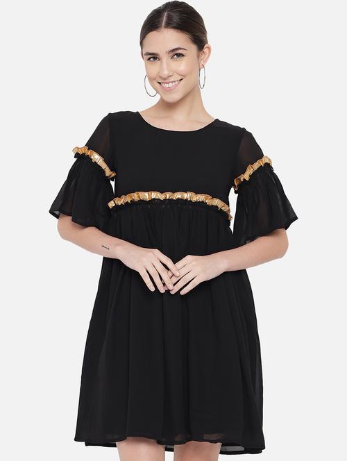 women black solid bell sleeve fit & flare dress - 21931445 -  Standard Image - 0