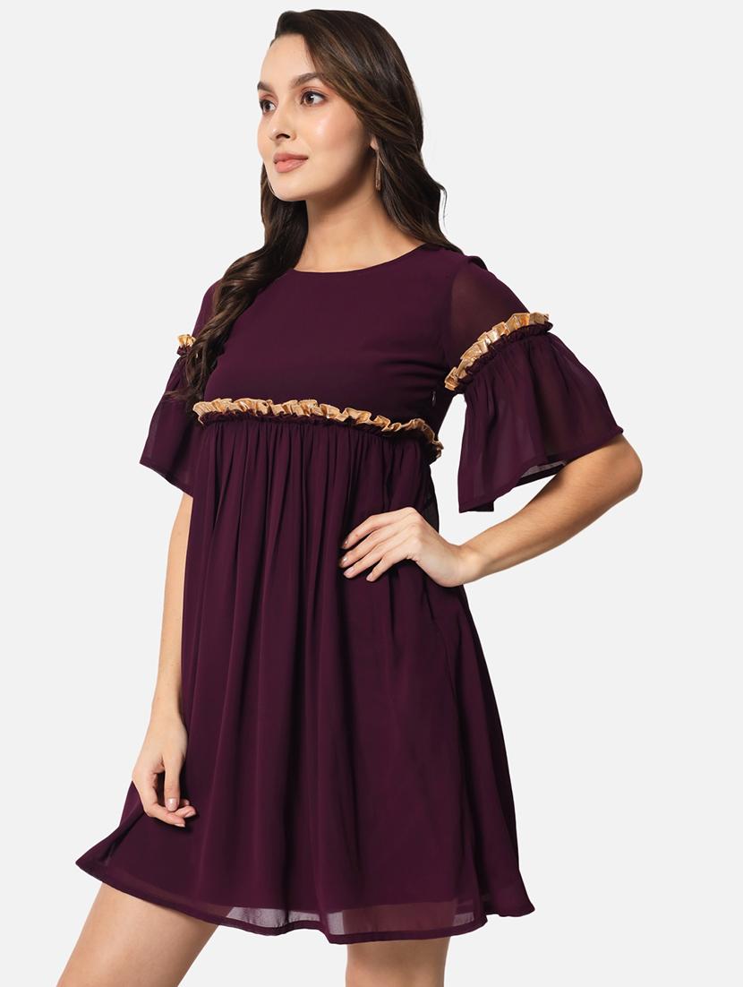 women purple solid bell sleeve fit & flared dress - 21931446 - Standard Image - 2