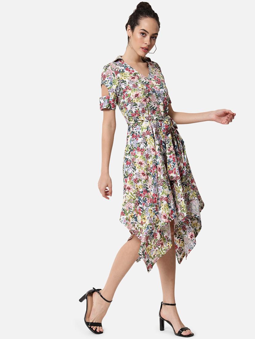 women floral print collared asymmtric dress - 21931450 - Standard Image - 2