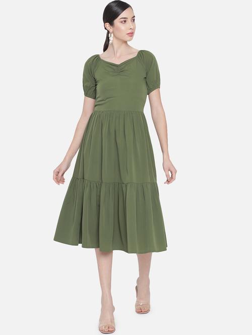 women olive solid puff sleeve tiered dress - 21931451 -  Standard Image - 0