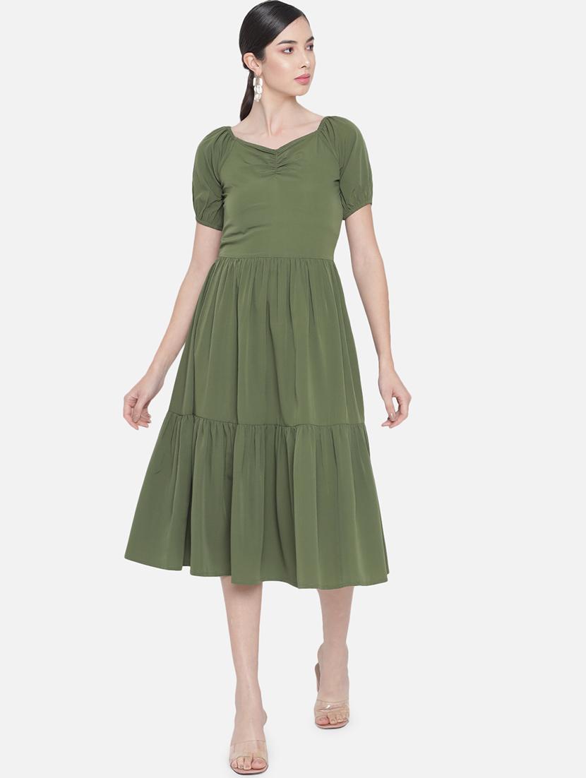 women olive solid puff sleeve tiered dress - 21931451 -  Zoom Image - 0