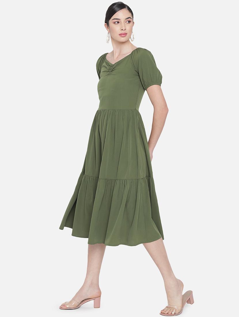 women olive solid puff sleeve tiered dress - 21931451 - Standard Image - 2