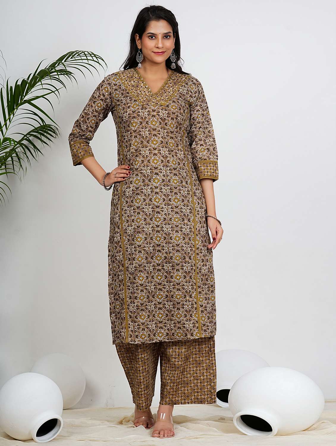 women three quarter sleeve kurta palazzo set