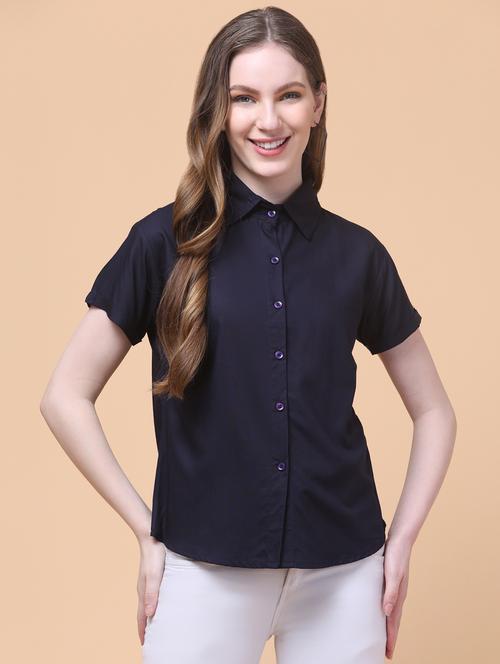 women solid collared short sleeve shirt - 21931947 -  Standard Image - 0