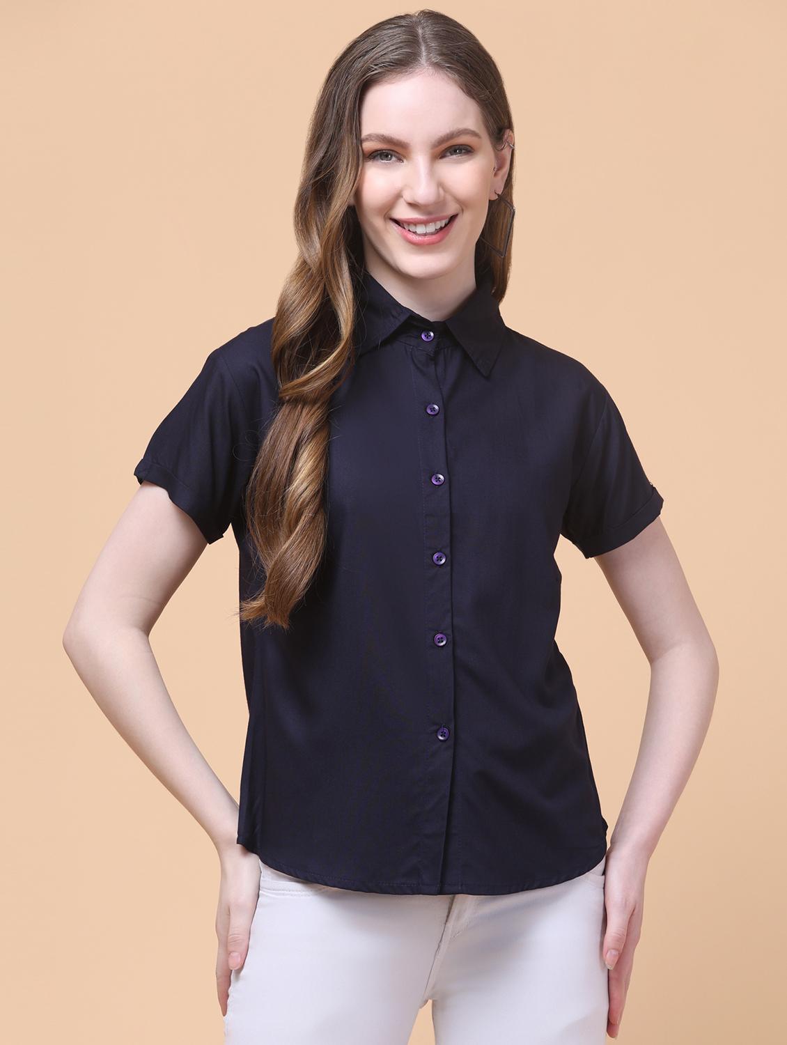 women solid collared short sleeve shirt - 21931947 -  Zoom Image - 0
