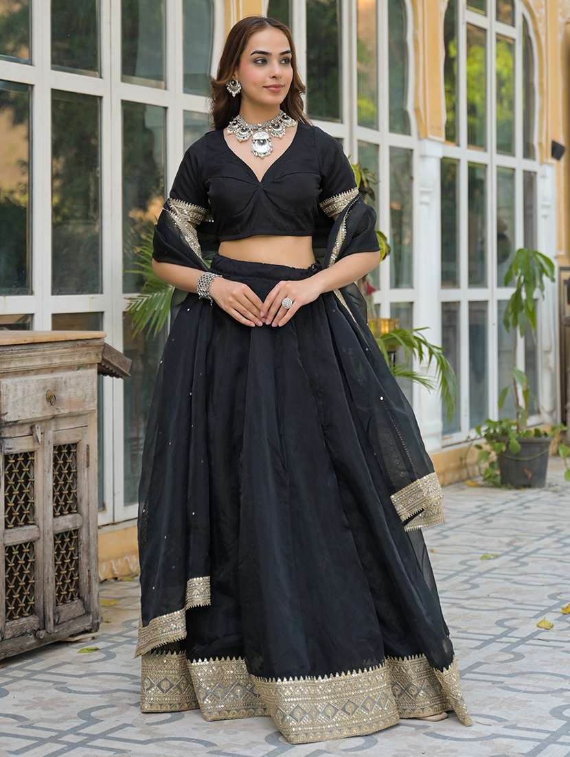 women black flared stitched lehenga