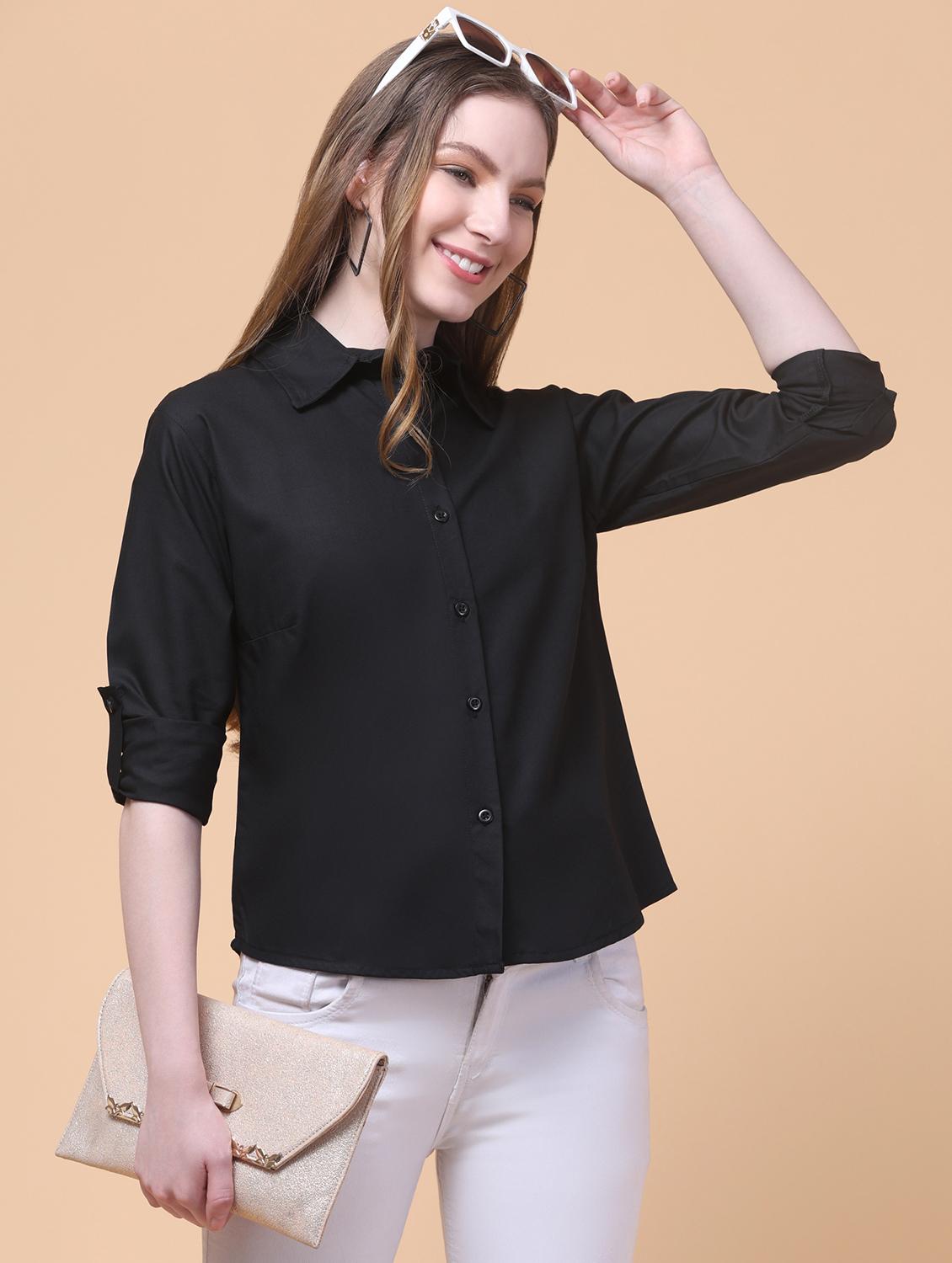 women solid collared long sleeve shirt - 21931960 -  Zoom Image - 0