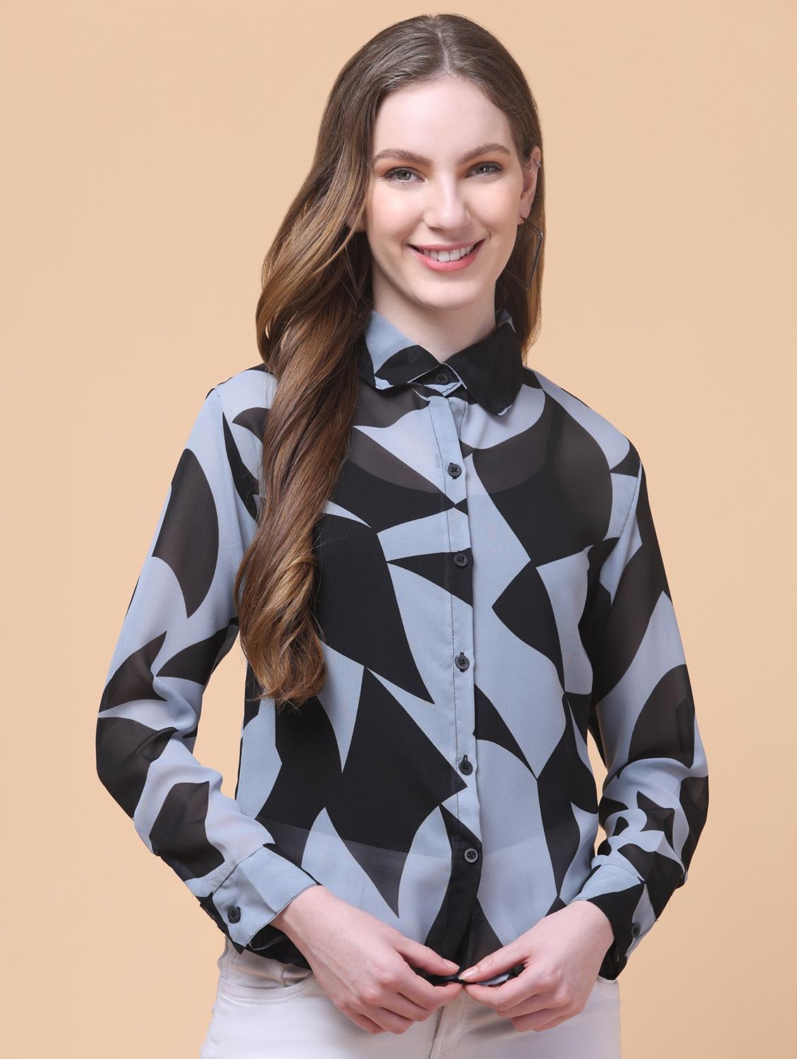 women printed collared long sleeve shirt - 21931983 -  Zoom Image - 0