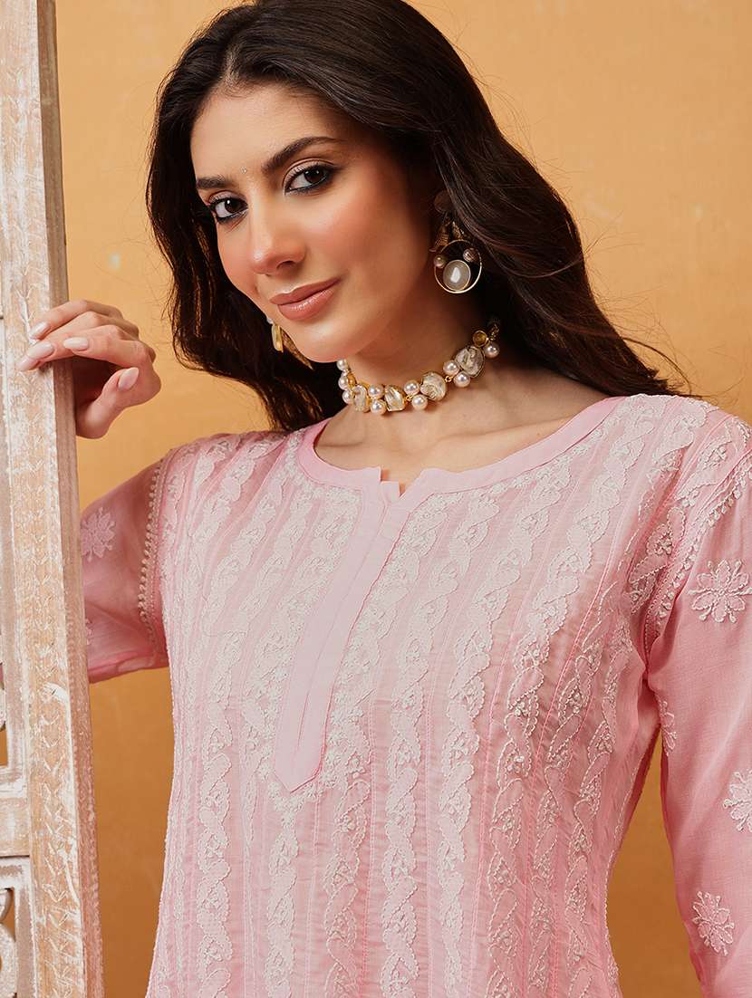 women chikankari three quarter sleeve anarkali kurta - 21932035 -  Standard Image - 2