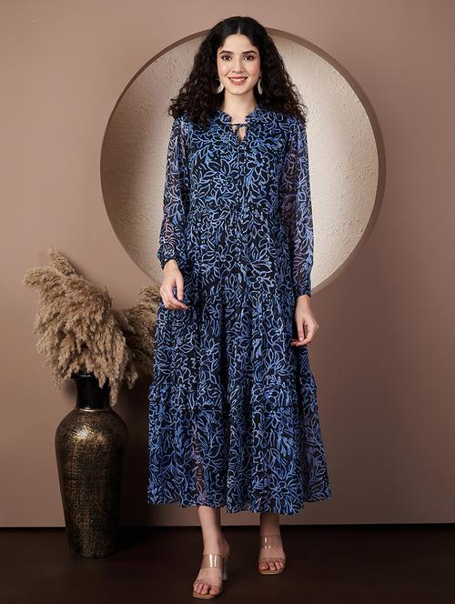 women printed tie-up neck tiered dress - 21932074 - Standard Image - 0