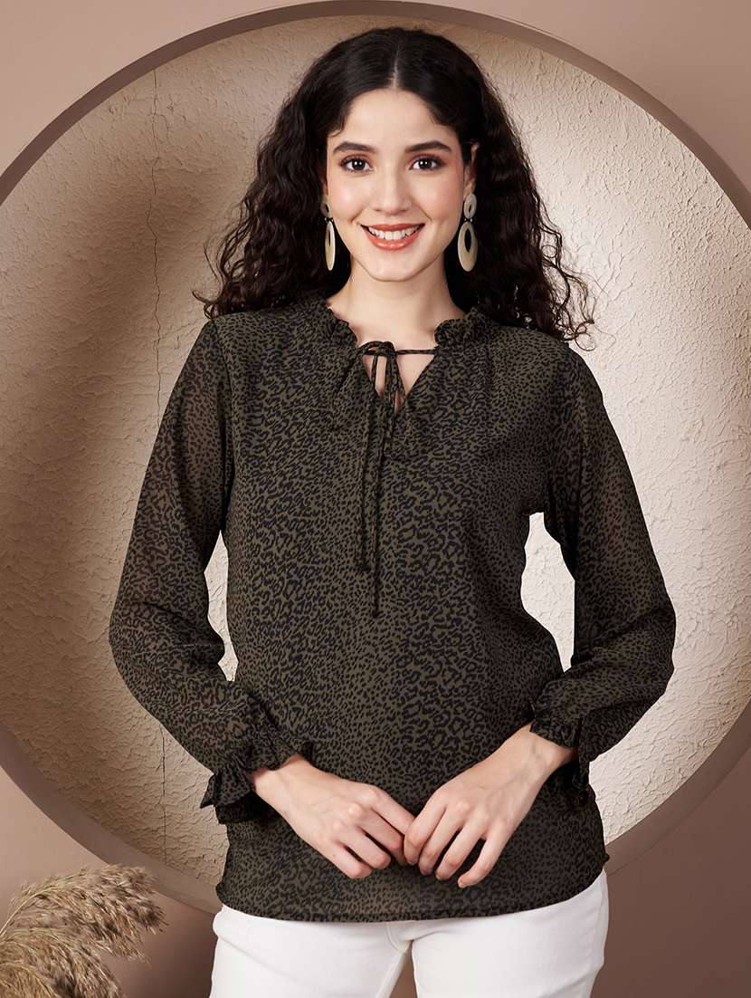women animal print tie-up neck regular top