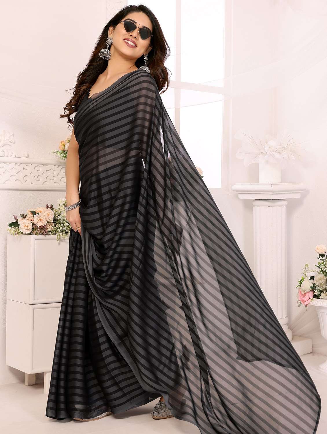 women striped ready to wear saree with blouse - 21932110 -  Standard Image - 2