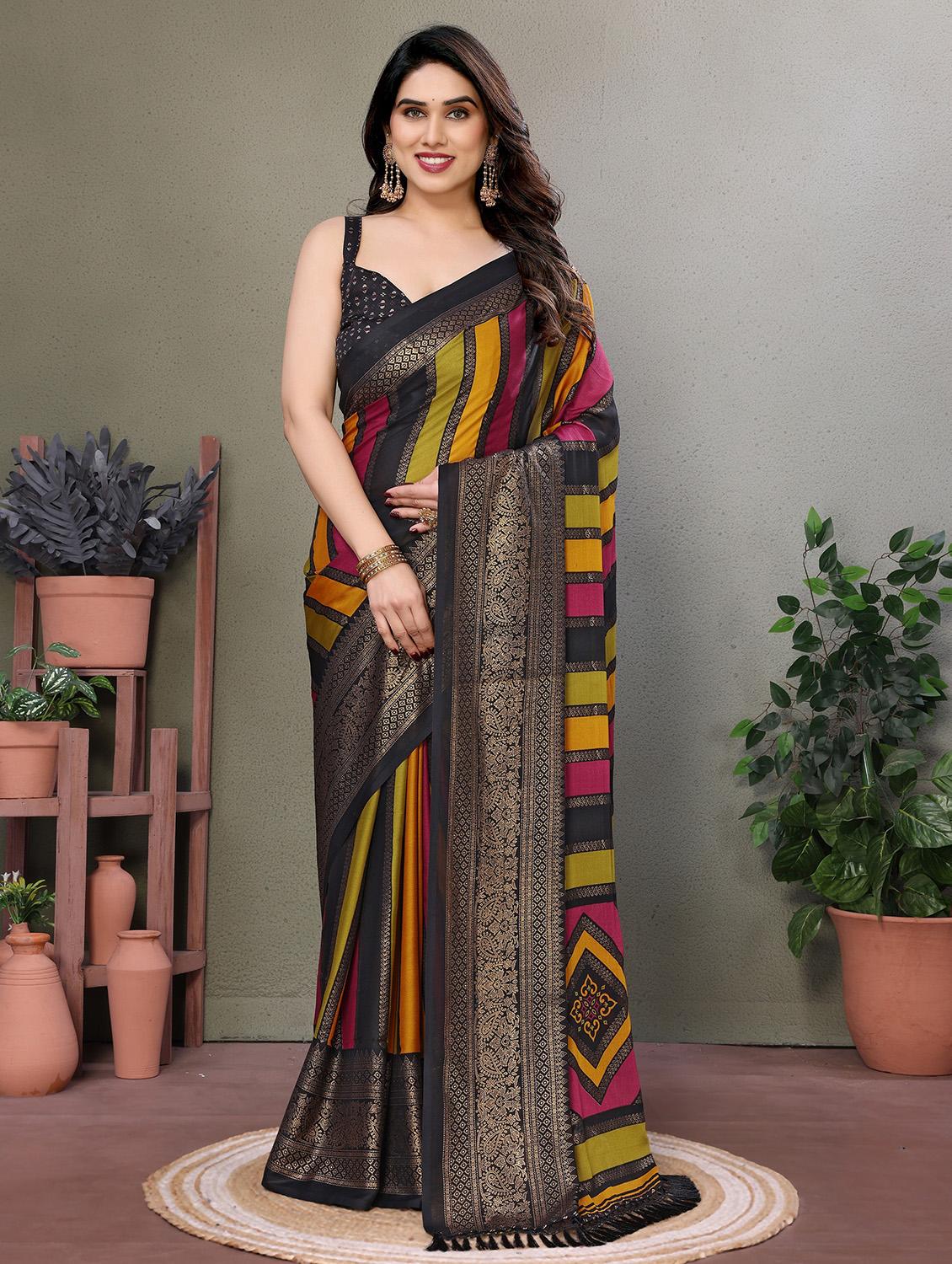 women striped printed saree with blouse - 21932117 -  Zoom Image - 0