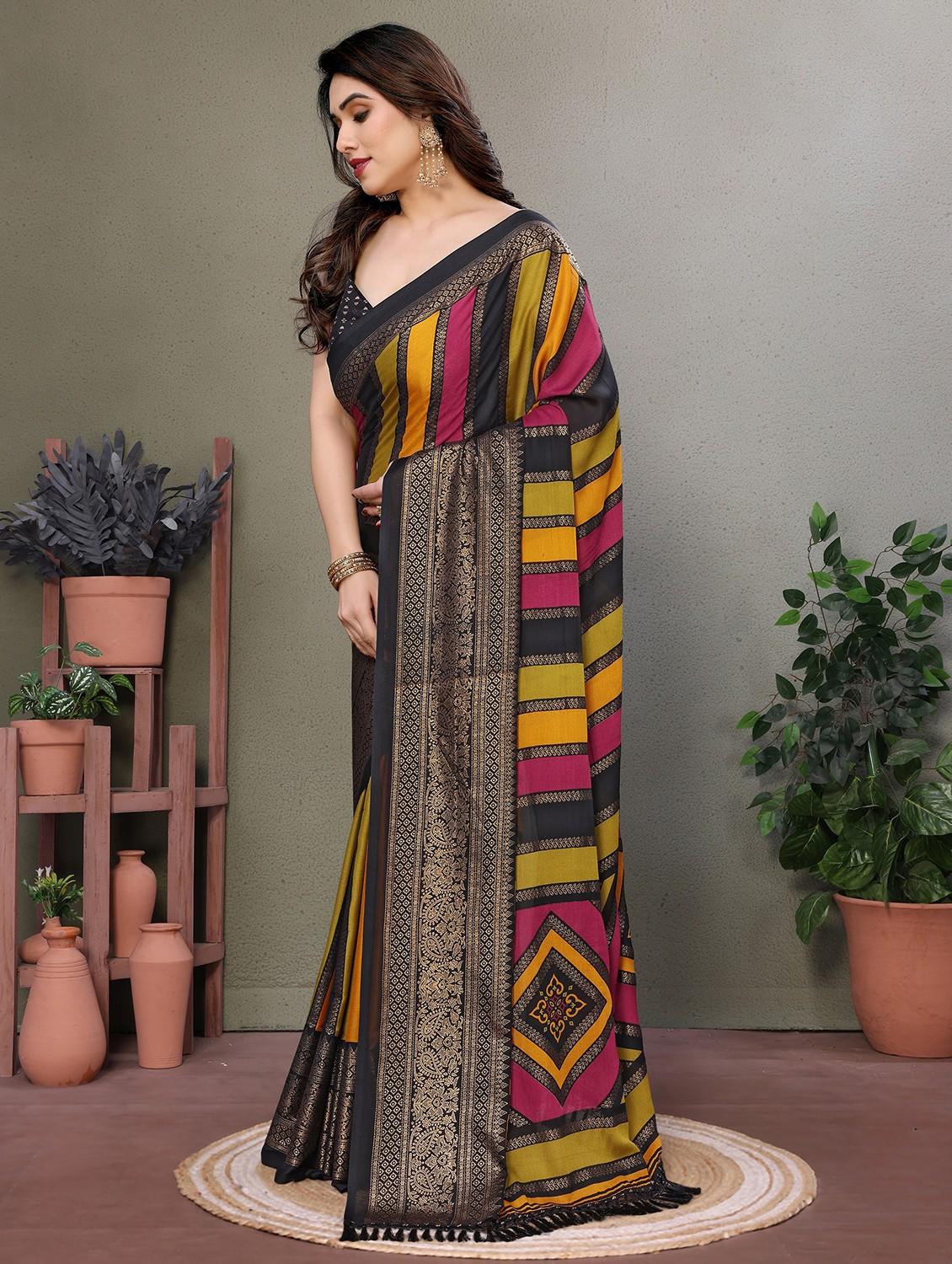 women striped printed saree with blouse - 21932117 - Standard Image - 2