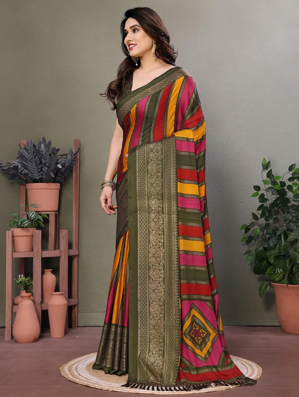 women striped printed saree with blouse - 21932119 - Standard Image - 2