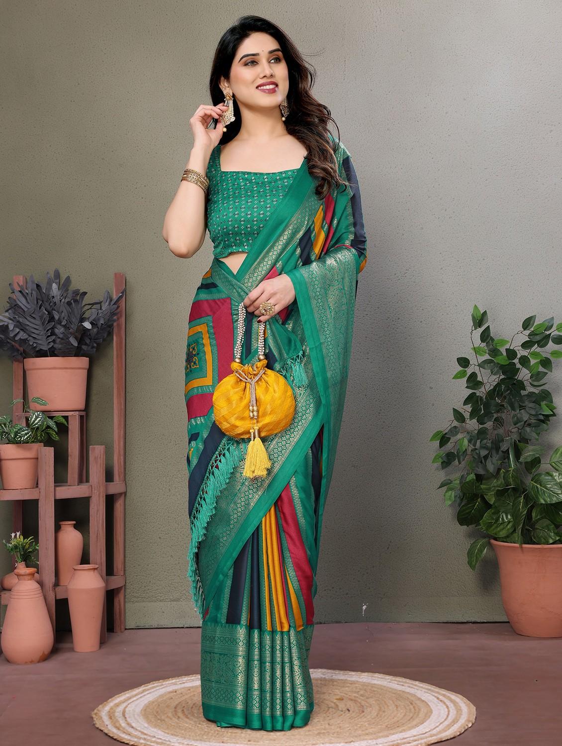 women striped printed saree with blouse - 21932123 -  Zoom Image - 0