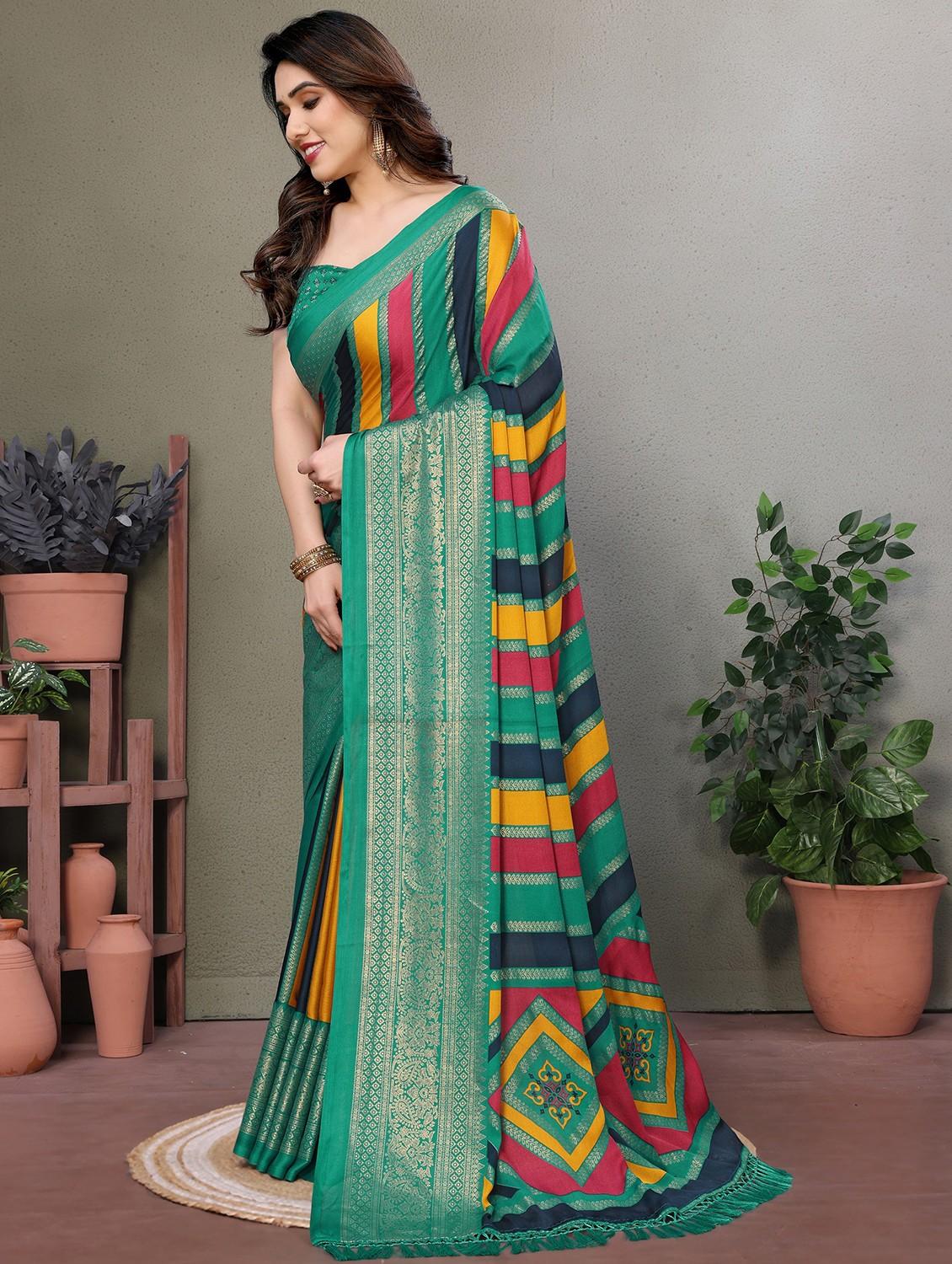 women striped printed saree with blouse - 21932123 - Standard Image - 2