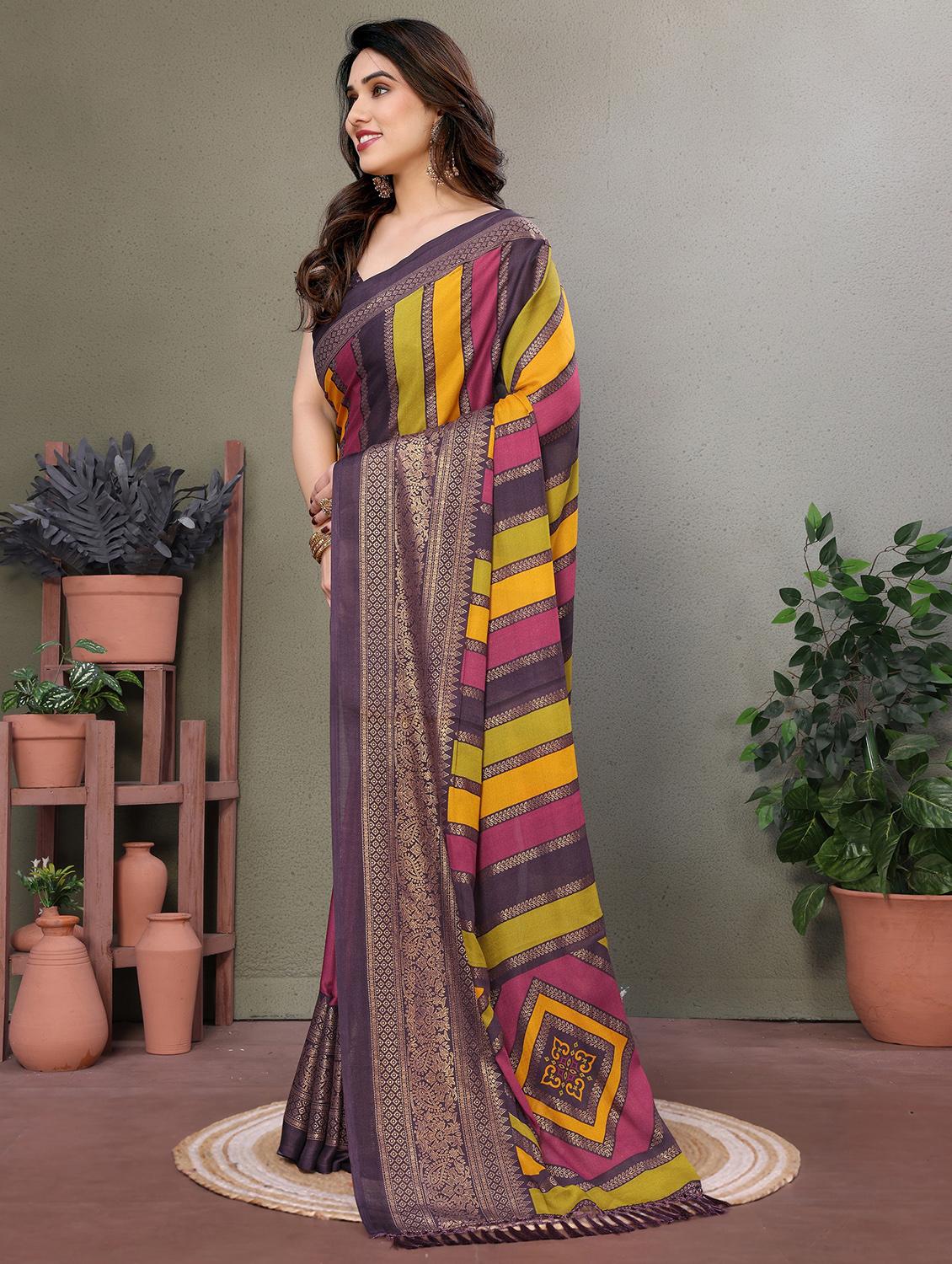 women striped printed saree with blouse - 21932124 - Standard Image - 2