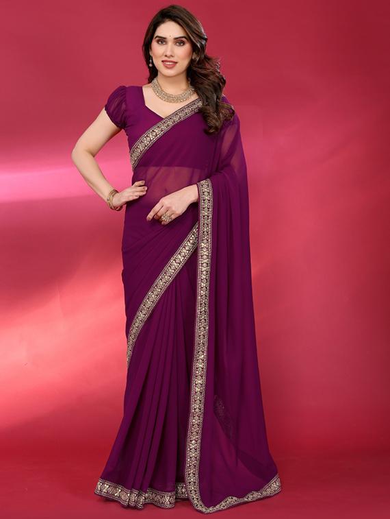 women solid with bordered saree with blouse - 21932140 - Zoom Image - 0