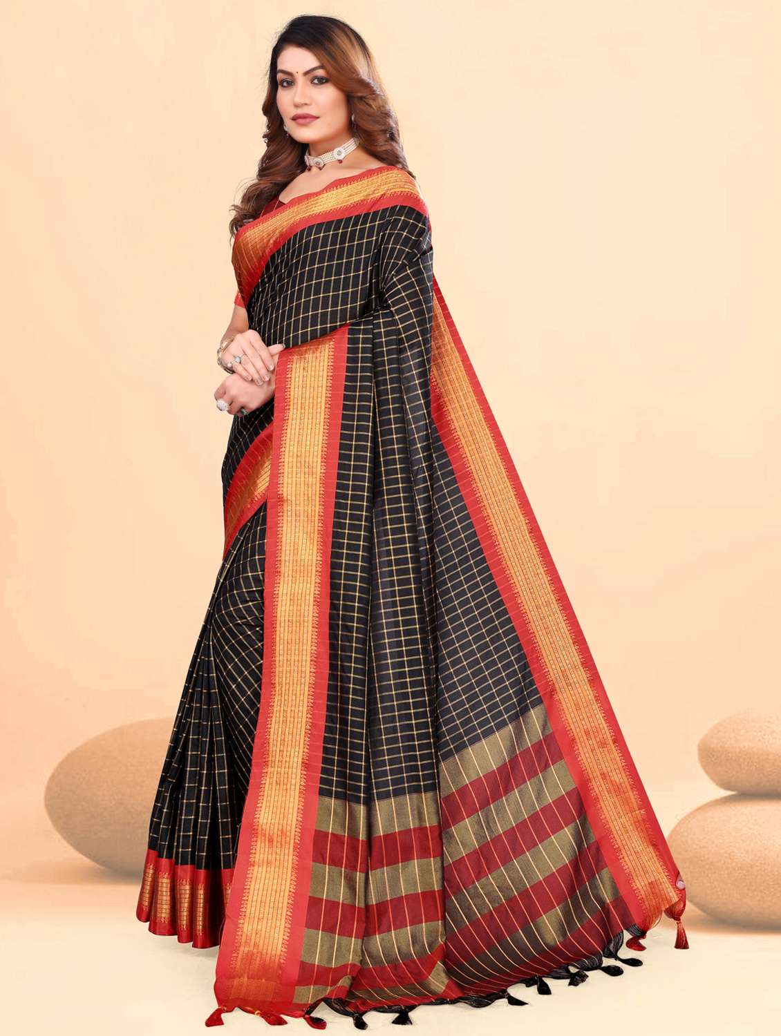 women checkered ready to wear saree with blouse - 21932149 -  Standard Image - 2