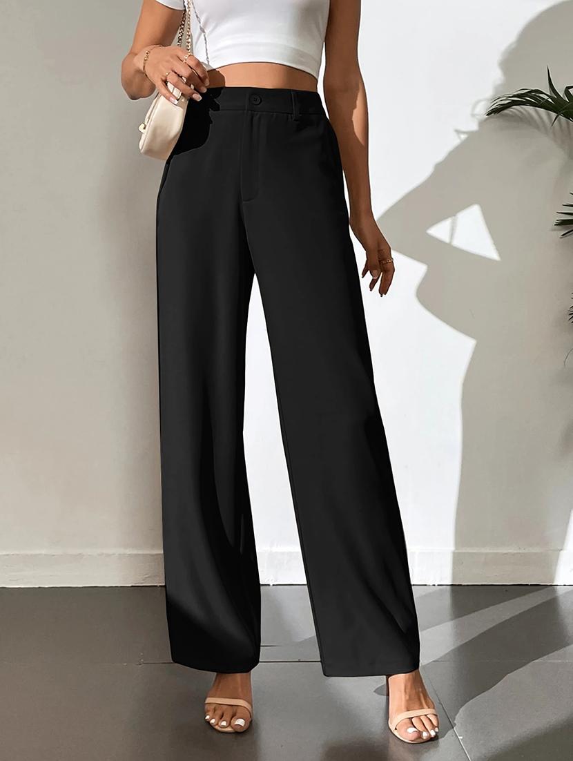 women solid high rise wide leg trouser